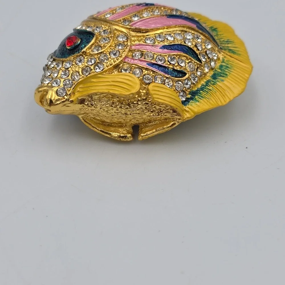 Vintage Colorful Puffer Fish Trinket Box Metal Enamel White Stone